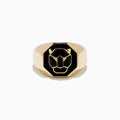 The Signature Mens 14K Yellow Gold Onyx Ring features a geometric lion head on black enamel, styled as a bold statement piece and displayed against a plain white surface.