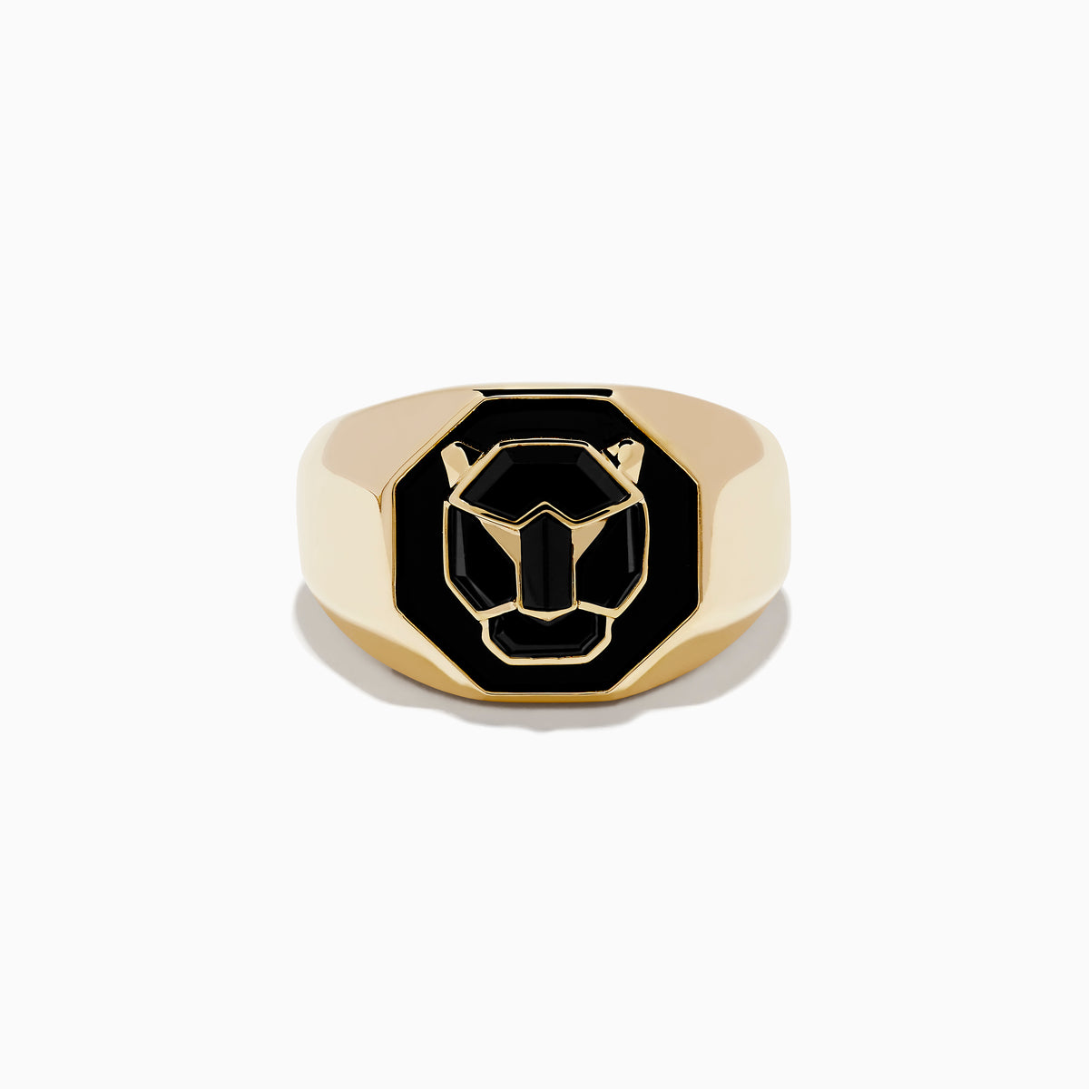 The Signature Mens 14K Yellow Gold Onyx Ring features a geometric lion head on black enamel, styled as a bold statement piece and displayed against a plain white surface.