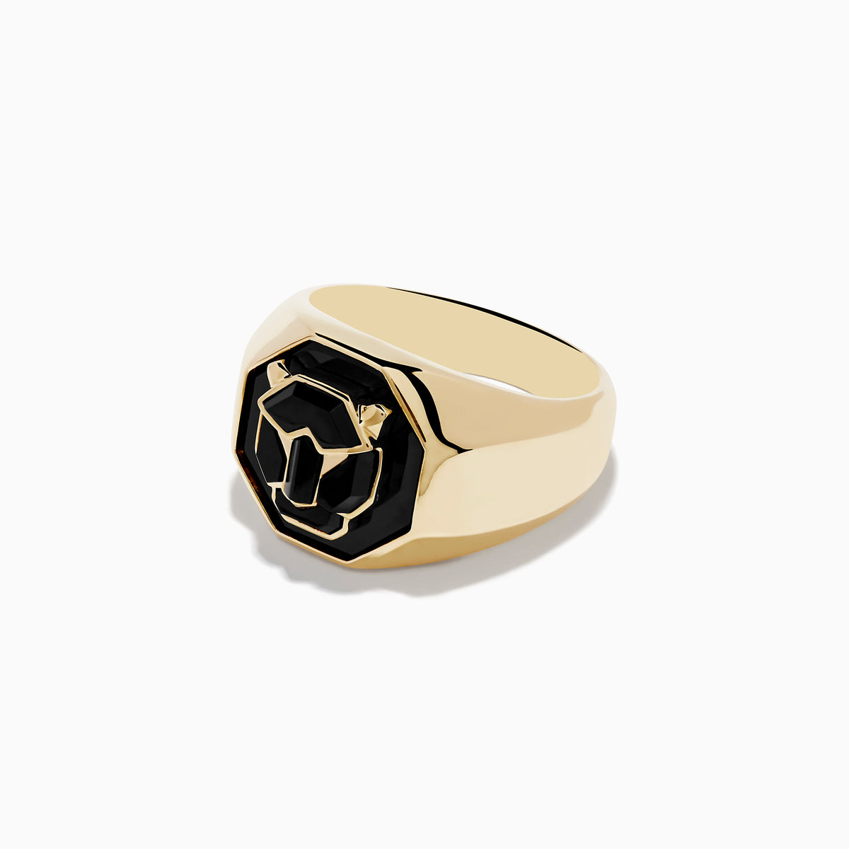 The Signature Mens 14K Yellow Gold Onyx Ring features a geometric lion head on black enamel, styled as a bold statement piece and displayed against a plain white surface.