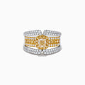 The 14K Two Tone Gold Yellow Diamond Statement Ring 1.71 TCW showcases a central yellow diamond surrounded by white and yellow diamonds on a wide, split-band design.