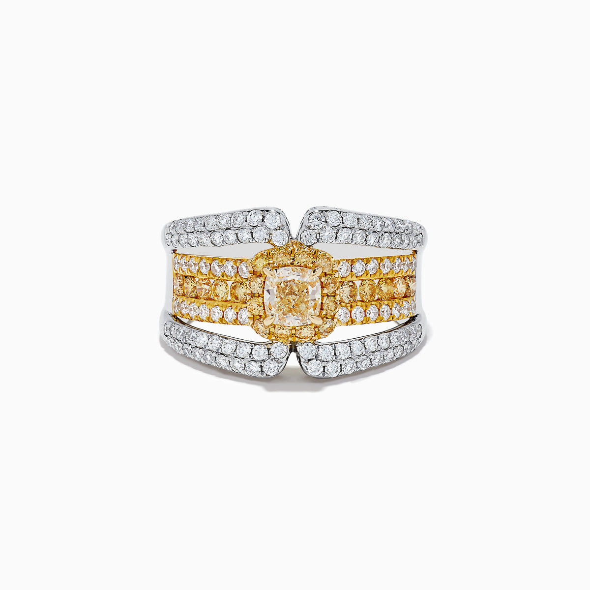 The 14K Two Tone Gold Yellow Diamond Statement Ring 1.71 TCW showcases a central yellow diamond surrounded by white and yellow diamonds on a wide, split-band design.