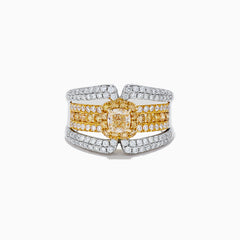 The 14K Two Tone Gold Yellow Diamond Statement Ring 1.71 TCW showcases a central yellow diamond surrounded by white and yellow diamonds on a wide, split-band design.