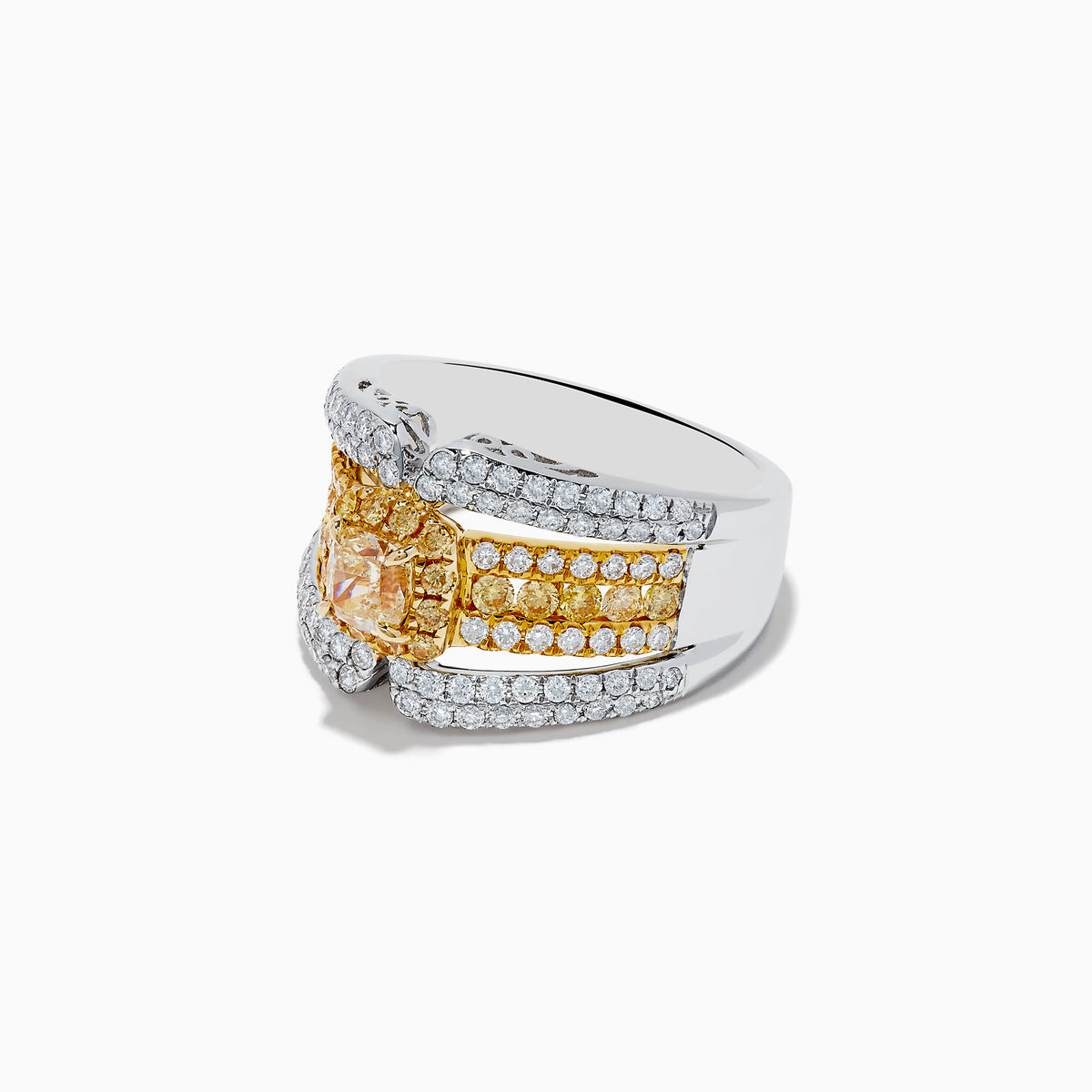 The 14K Two Tone Gold Yellow Diamond Statement Ring 1.71 TCW showcases a central yellow diamond surrounded by white and yellow diamonds on a wide, split-band design.