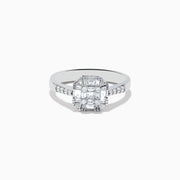 The Classique 14K White Gold Diamond Ring boasts a striking rectangular diamond cluster centerpiece, accented by smaller diamonds along the band—a sophisticated statement piece.
