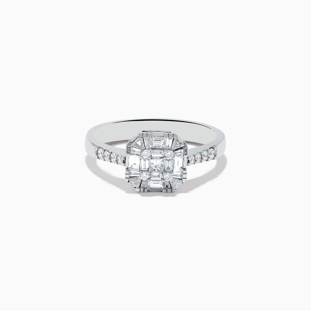 The Classique 14K White Gold Diamond Ring boasts a striking rectangular diamond cluster centerpiece, accented by smaller diamonds along the band—a sophisticated statement piece.
