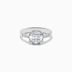 The Classique 14K White Gold Diamond Ring boasts a striking rectangular diamond cluster centerpiece, accented by smaller diamonds along the band—a sophisticated statement piece.