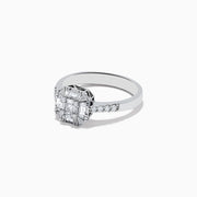The Classique 14K White Gold Diamond Ring boasts a striking rectangular diamond cluster centerpiece, accented by smaller diamonds along the band—a sophisticated statement piece.