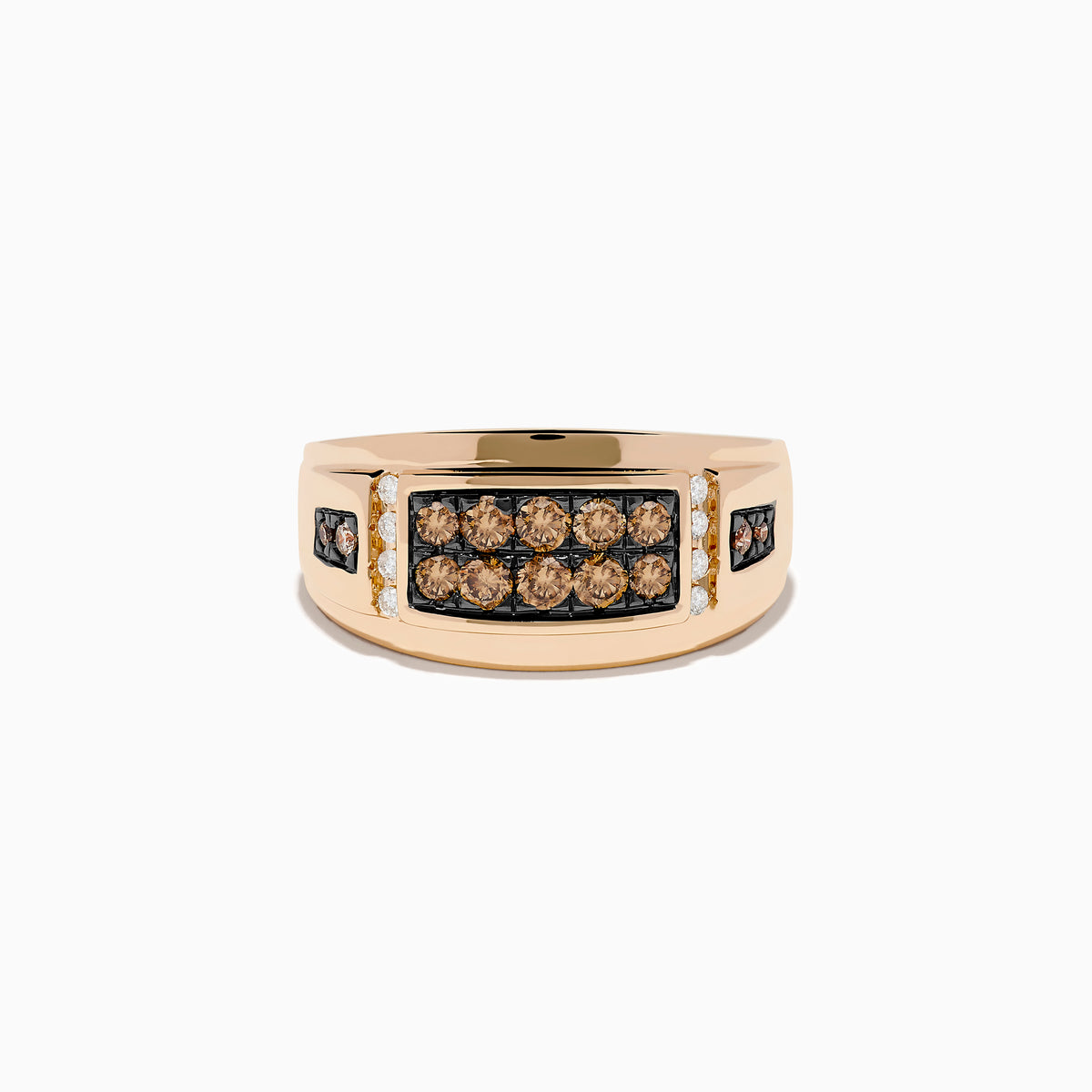 The Mens 14K Rose Gold Espresso and White Diamond Ring features a rectangular setting with two rows of espresso diamonds, accented by smaller white diamonds and brown stones along each side.