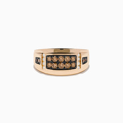 The Mens 14K Rose Gold Espresso and White Diamond Ring features a rectangular setting with two rows of espresso diamonds, accented by smaller white diamonds and brown stones along each side.