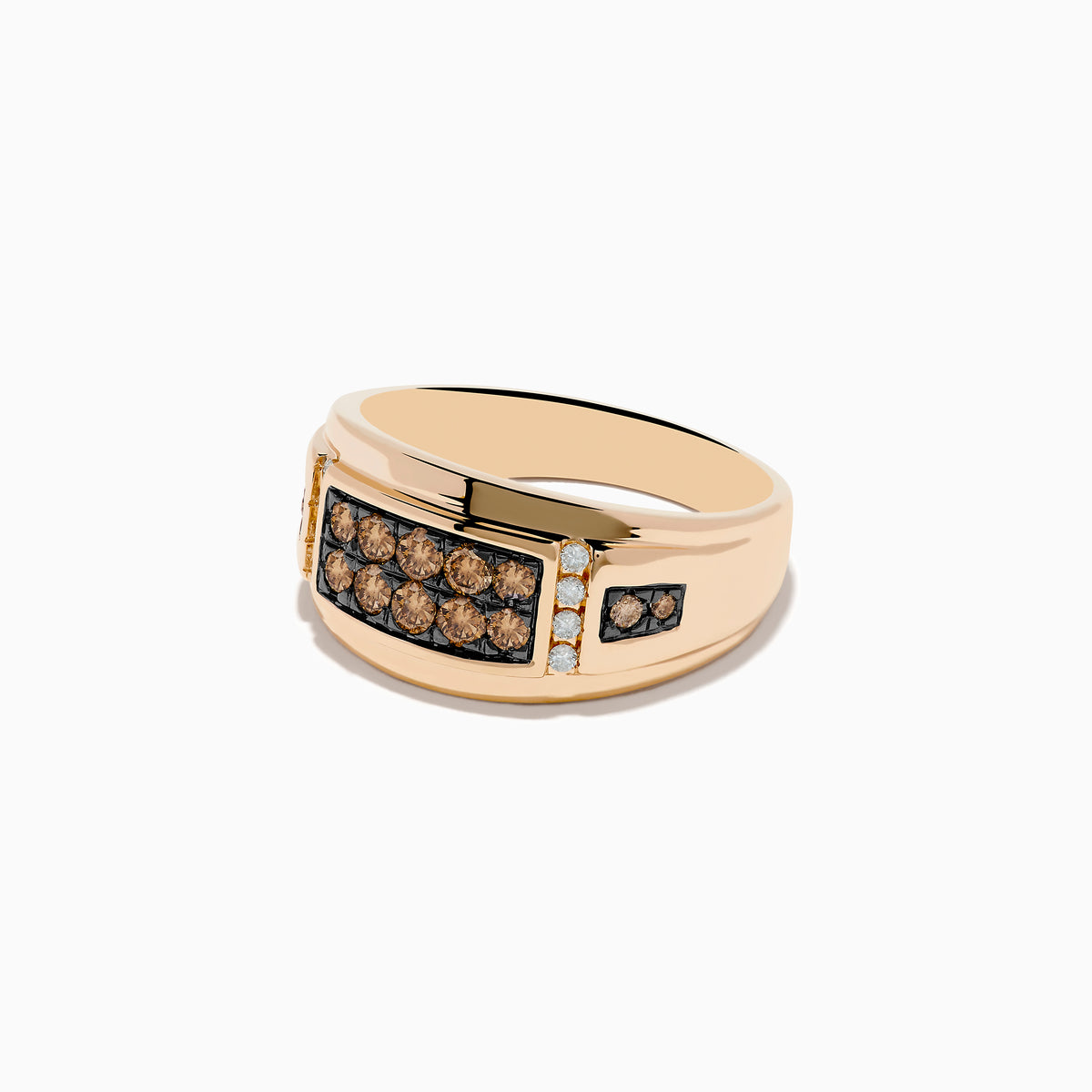 The Mens 14K Rose Gold Espresso and White Diamond Ring features a rectangular setting with two rows of espresso diamonds, accented by smaller white diamonds and brown stones along each side.