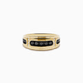 Mens 14K Yellow Gold Black and White Diamond Ring featuring a row of round black diamonds at the center, flanked by small white diamonds on each side, displayed on a white background.