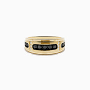 Mens 14K Yellow Gold Black and White Diamond Ring featuring a row of round black diamonds at the center, flanked by small white diamonds on each side, displayed on a white background.