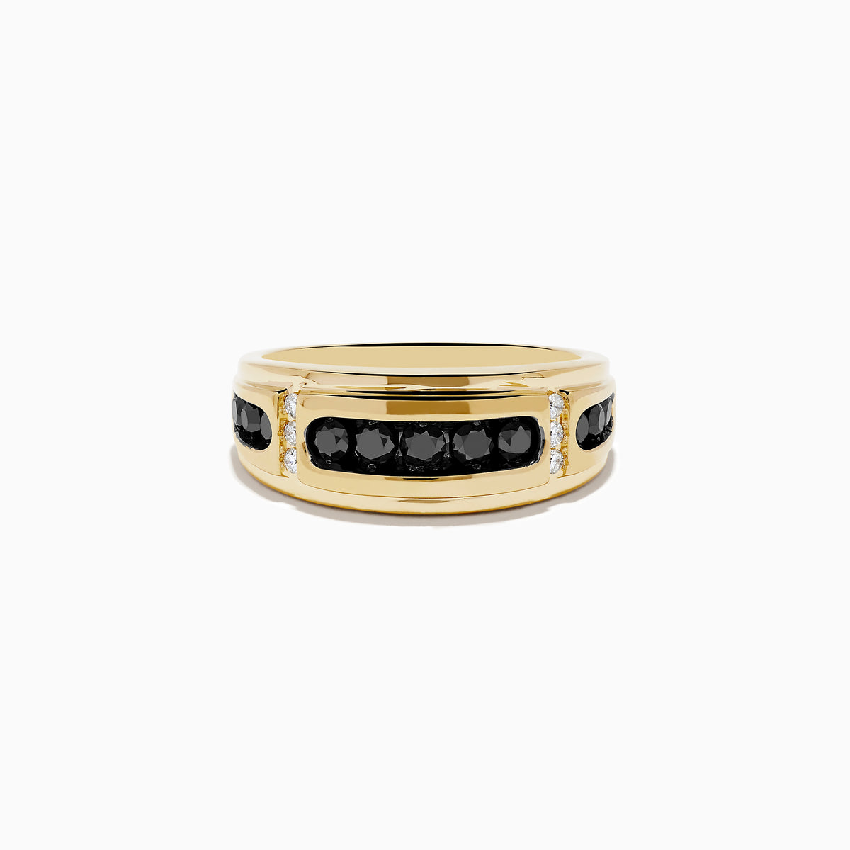 Mens 14K Yellow Gold Black and White Diamond Ring featuring a row of round black diamonds at the center, flanked by small white diamonds on each side, displayed on a white background.