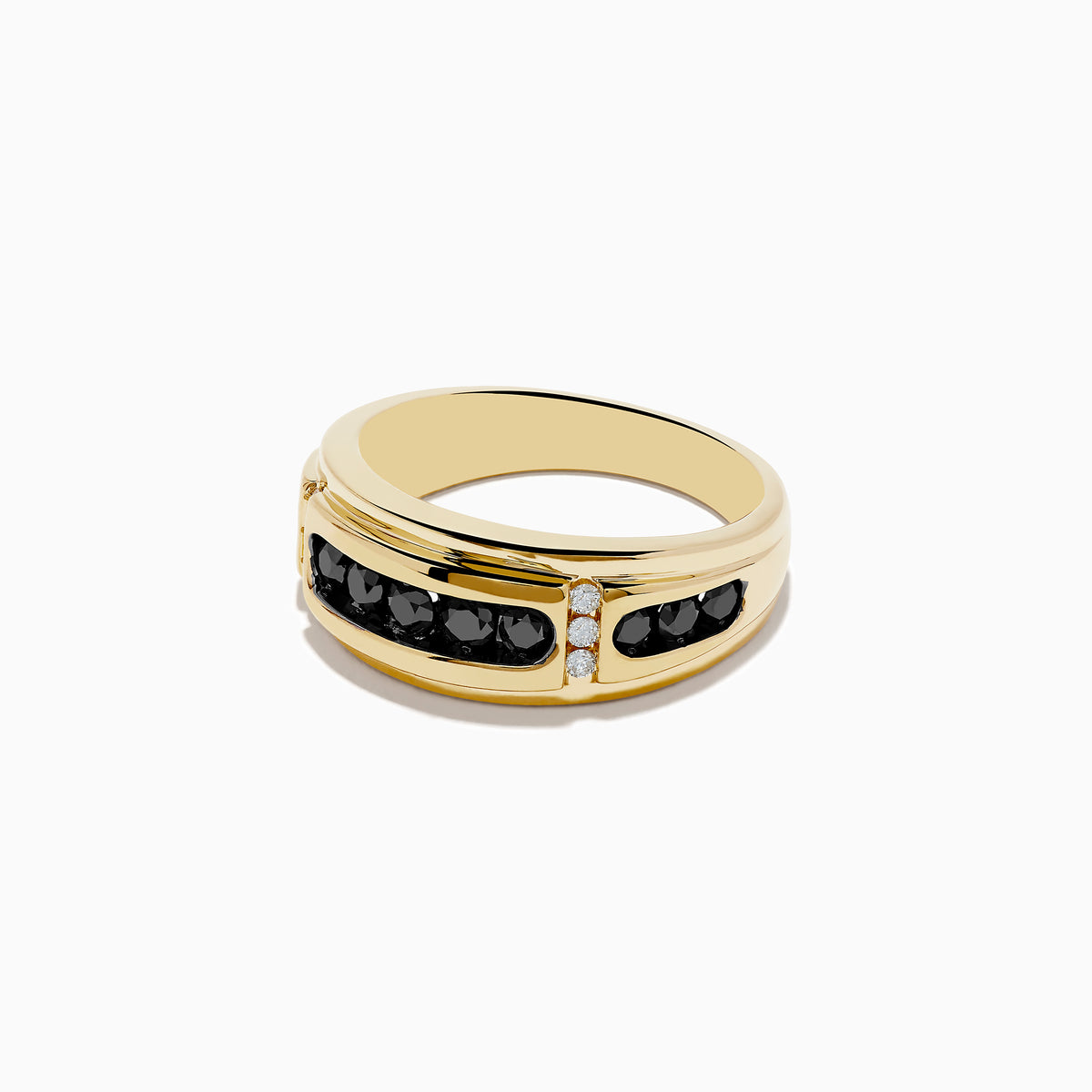 Mens 14K Yellow Gold Black and White Diamond Ring featuring a row of round black diamonds at the center, flanked by small white diamonds on each side, displayed on a white background.