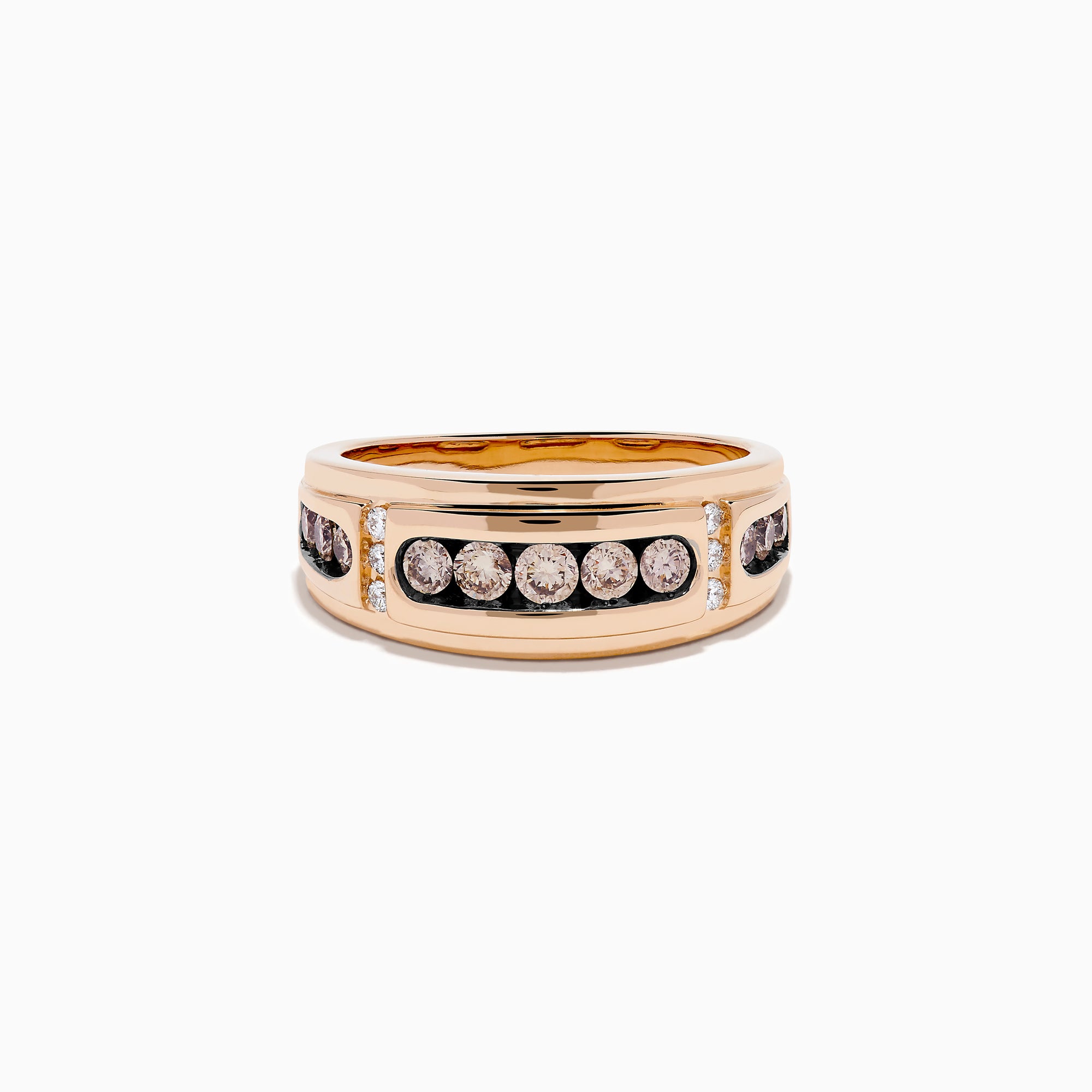The Men's 14K Rose Gold Brown and White Diamond Ring showcases a row of seven round diamonds in a rose gold and black band, accented by smaller diamonds on each side, set against a white background.