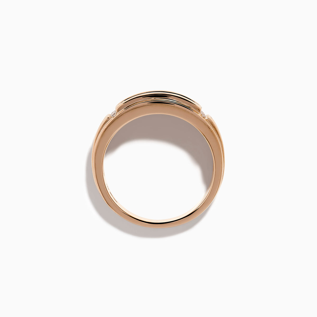 The Men's 14K Rose Gold Brown and White Diamond Ring showcases a row of seven round diamonds in a rose gold and black band, accented by smaller diamonds on each side, set against a white background.