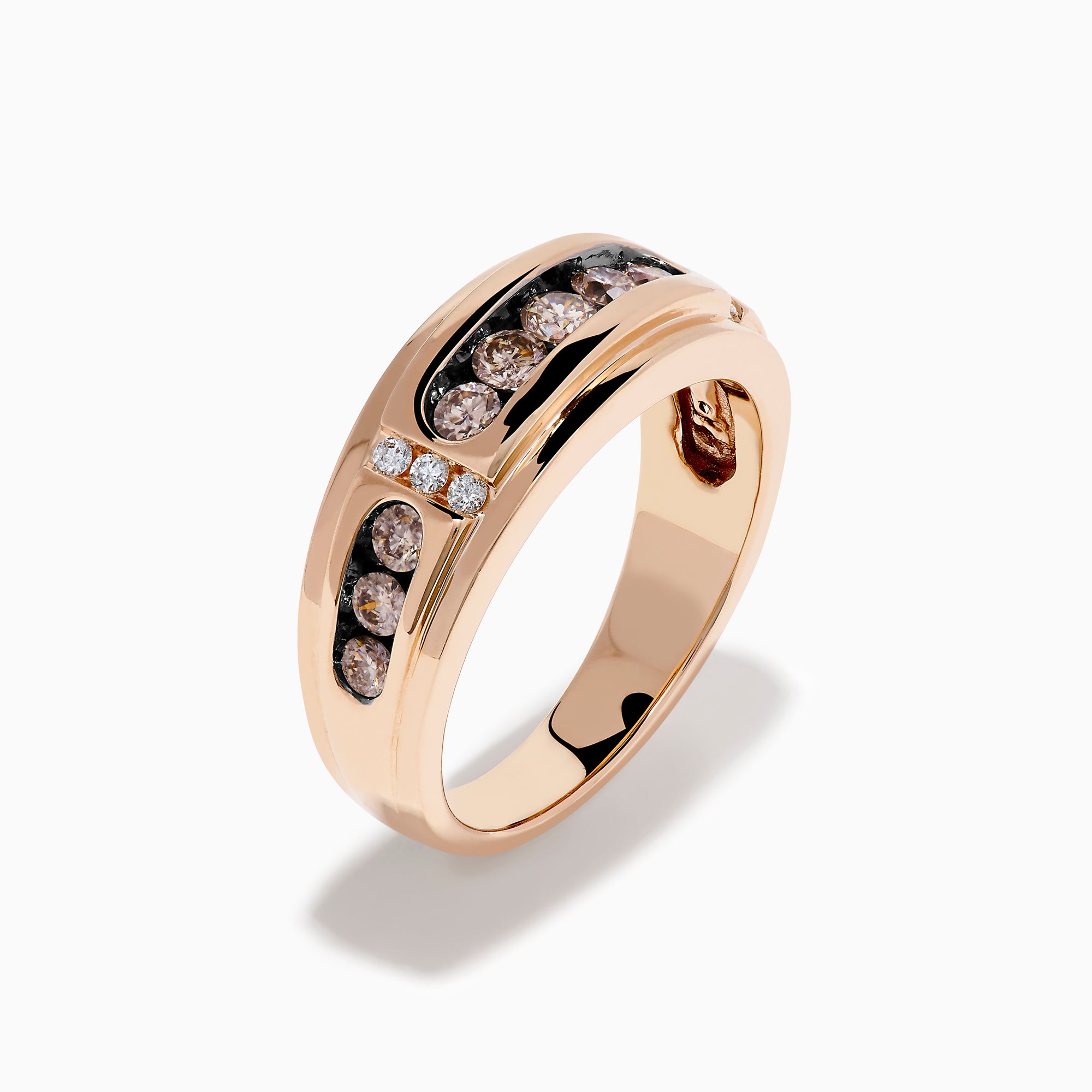 The Men's 14K Rose Gold Brown and White Diamond Ring showcases a row of seven round diamonds in a rose gold and black band, accented by smaller diamonds on each side, set against a white background.