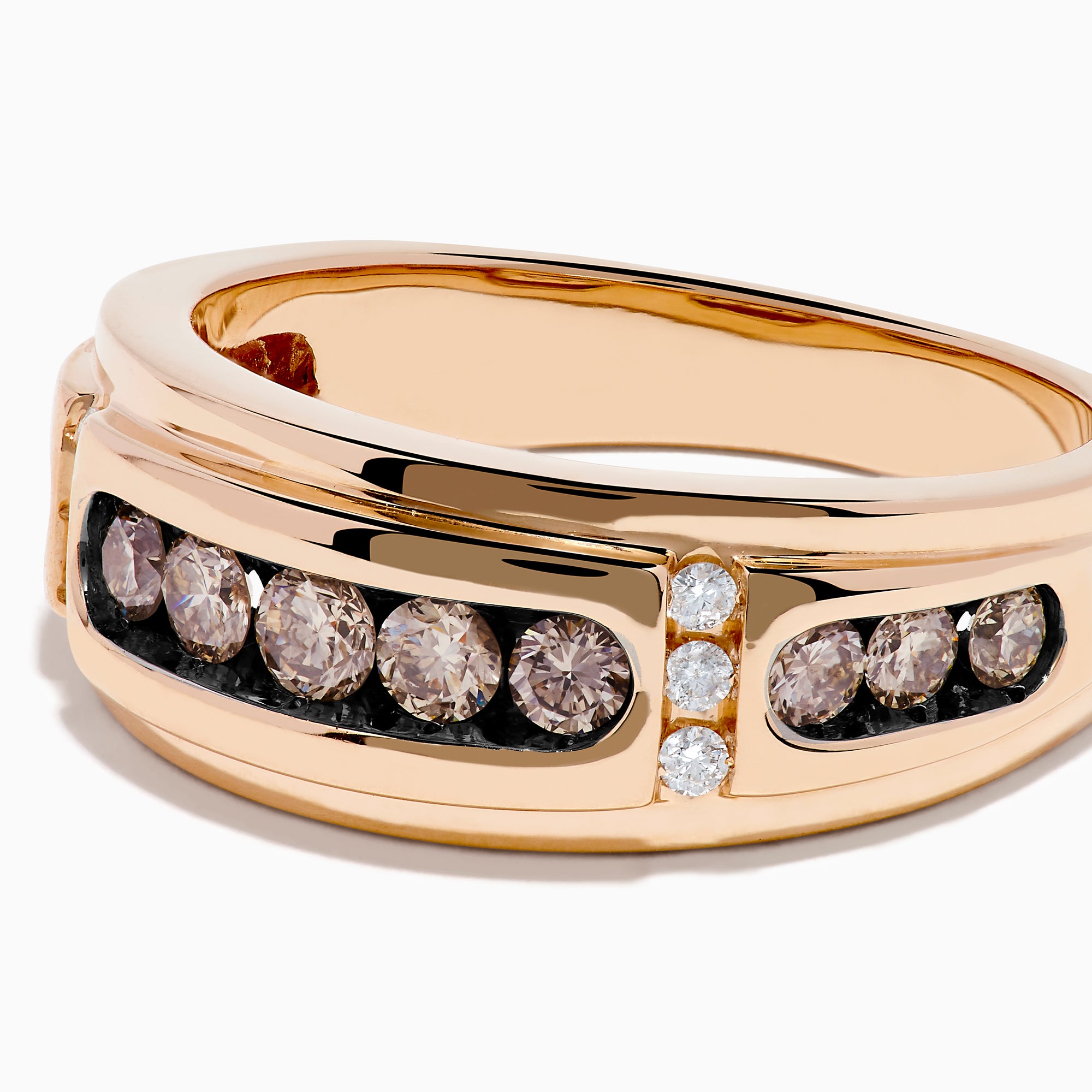 The Men's 14K Rose Gold Brown and White Diamond Ring showcases a row of seven round diamonds in a rose gold and black band, accented by smaller diamonds on each side, set against a white background.