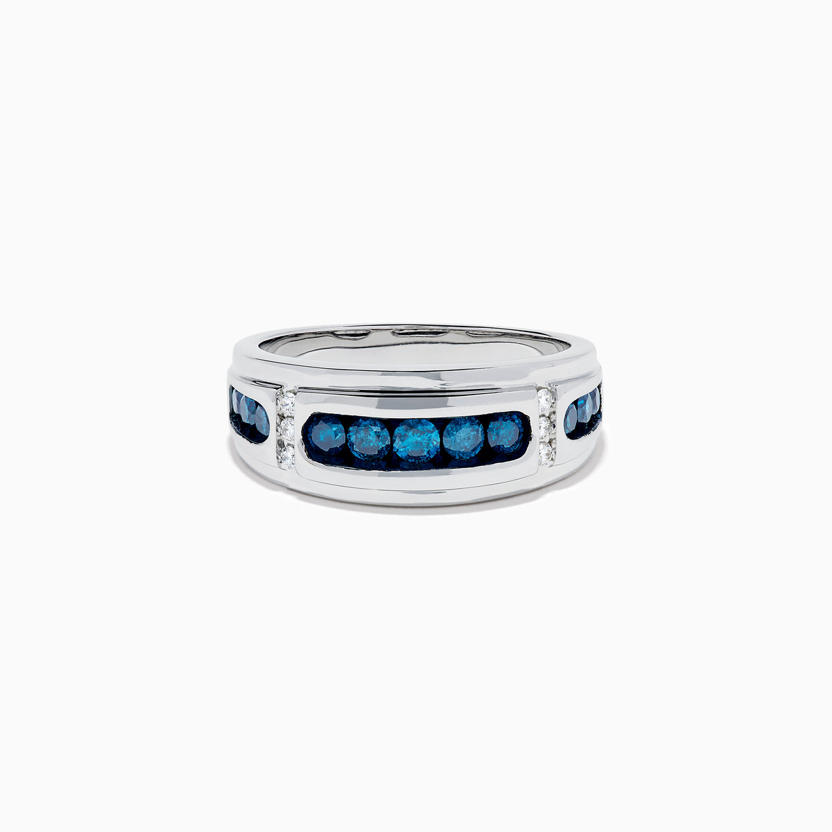 Men’s 14K White Gold Channel Set Blue and White Diamond Band featuring a row of round blue and white diamonds at the center, flanked by smaller white gems on each side, displayed on a white background.