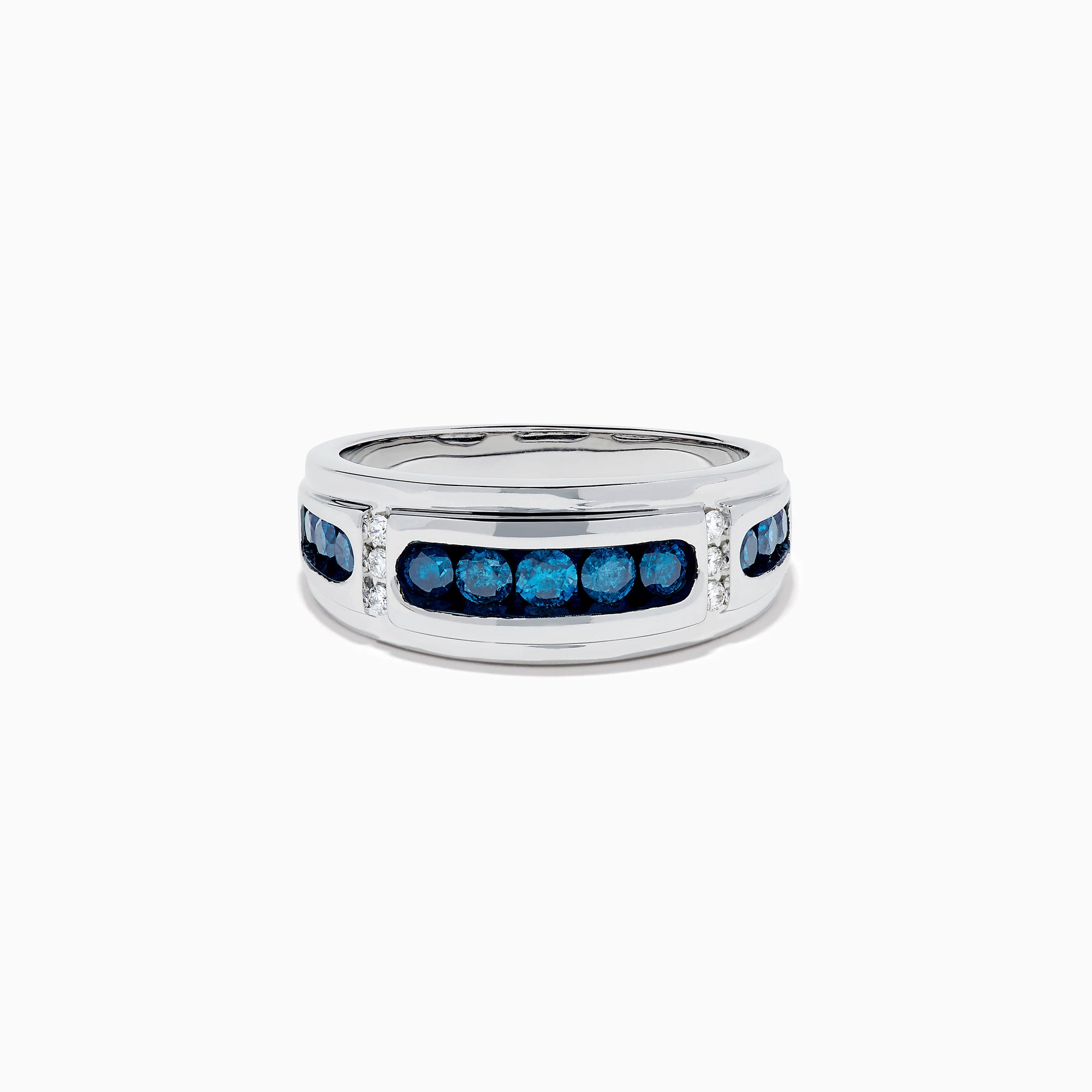 Men’s 14K White Gold Channel Set Blue and White Diamond Band featuring a row of round blue and white diamonds at the center, flanked by smaller white gems on each side, displayed on a white background.