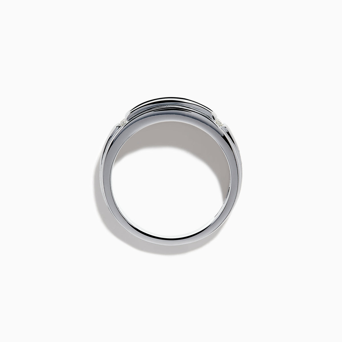 Men’s 14K White Gold Channel Set Blue and White Diamond Band featuring a row of round blue and white diamonds at the center, flanked by smaller white gems on each side, displayed on a white background.