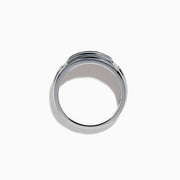 Men’s 14K White Gold Channel Set Blue and White Diamond Band featuring a row of round blue and white diamonds at the center, flanked by smaller white gems on each side, displayed on a white background.