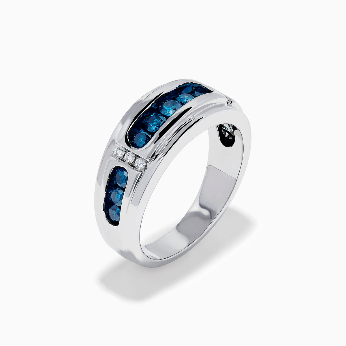 Men’s 14K White Gold Channel Set Blue and White Diamond Band featuring a row of round blue and white diamonds at the center, flanked by smaller white gems on each side, displayed on a white background.