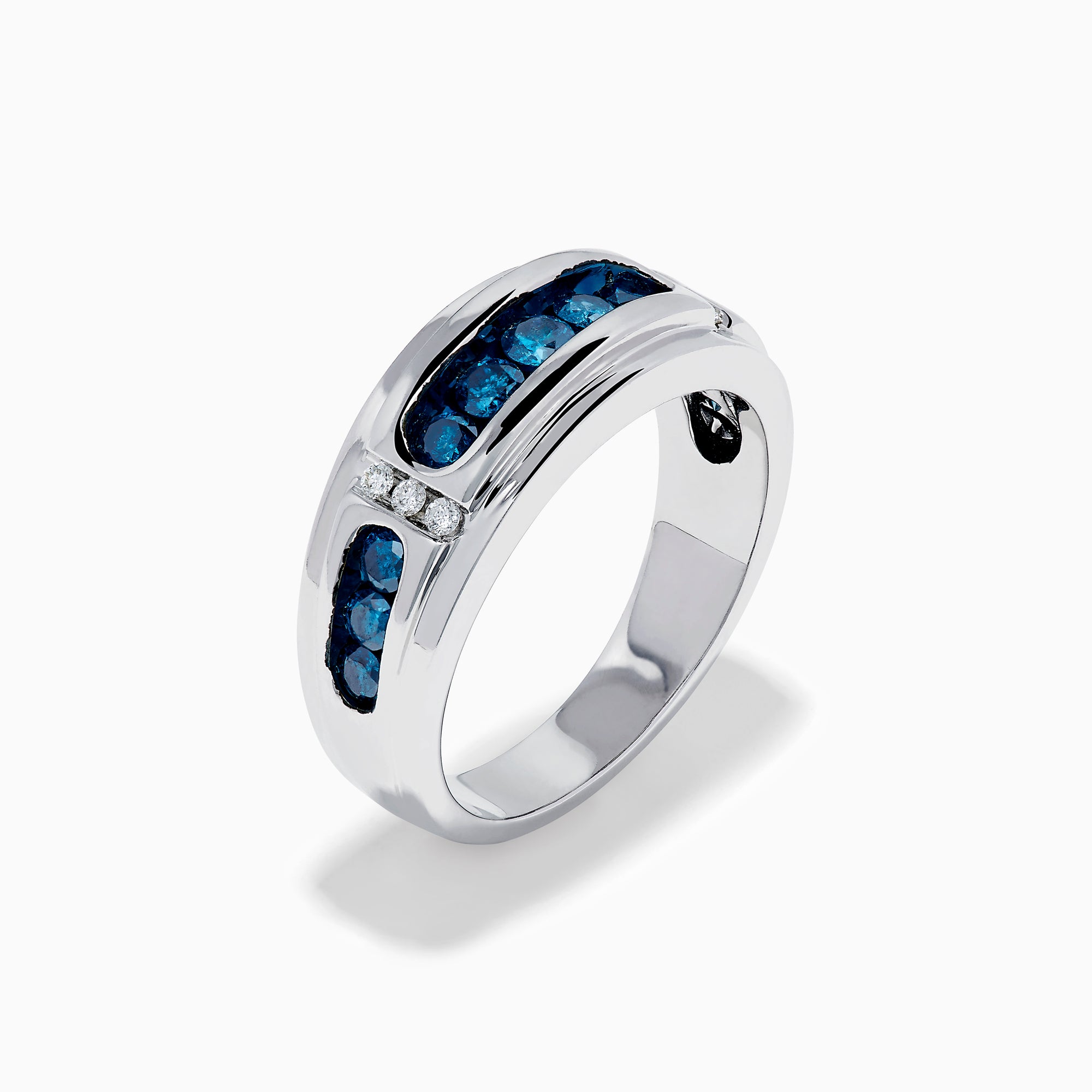 Men’s 14K White Gold Channel Set Blue and White Diamond Band featuring a row of round blue and white diamonds at the center, flanked by smaller white gems on each side, displayed on a white background.