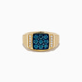 The Mens 14K Yellow Gold Blue and White Diamond Ring features a square cluster of blue diamonds at the center, accented by vertical rows of white diamonds on each side.