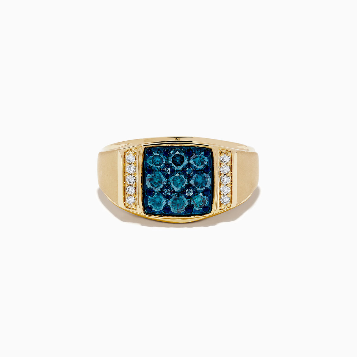 The Mens 14K Yellow Gold Blue and White Diamond Ring features a square cluster of blue diamonds at the center, accented by vertical rows of white diamonds on each side.