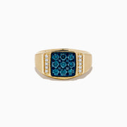 The Mens 14K Yellow Gold Blue and White Diamond Ring features a square cluster of blue diamonds at the center, accented by vertical rows of white diamonds on each side.