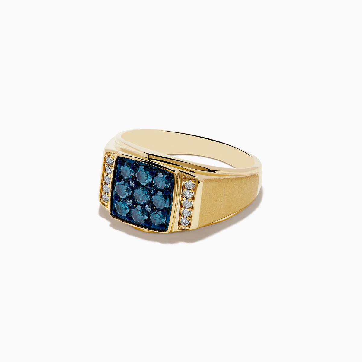 The Mens 14K Yellow Gold Blue and White Diamond Ring features a square cluster of blue diamonds at the center, accented by vertical rows of white diamonds on each side.