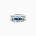 The Mens 14K White Gold Blue and White Diamond Ring showcases three blue stones between two white diamonds, with extra smaller white diamonds set in parallel rows along the band.