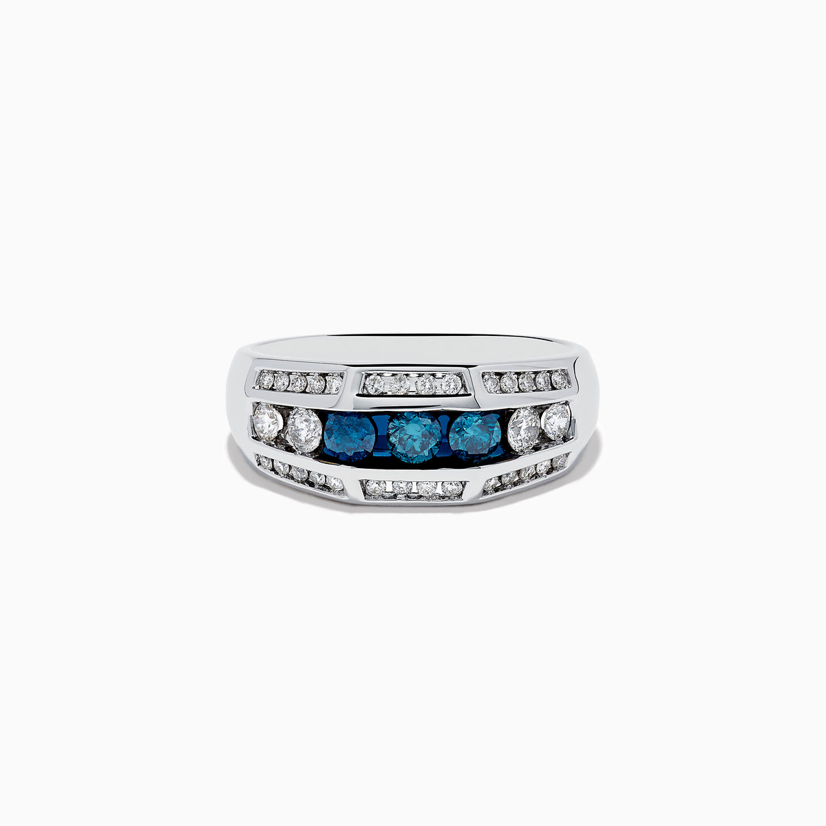 The Mens 14K White Gold Blue and White Diamond Ring showcases three blue stones between two white diamonds, with extra smaller white diamonds set in parallel rows along the band.