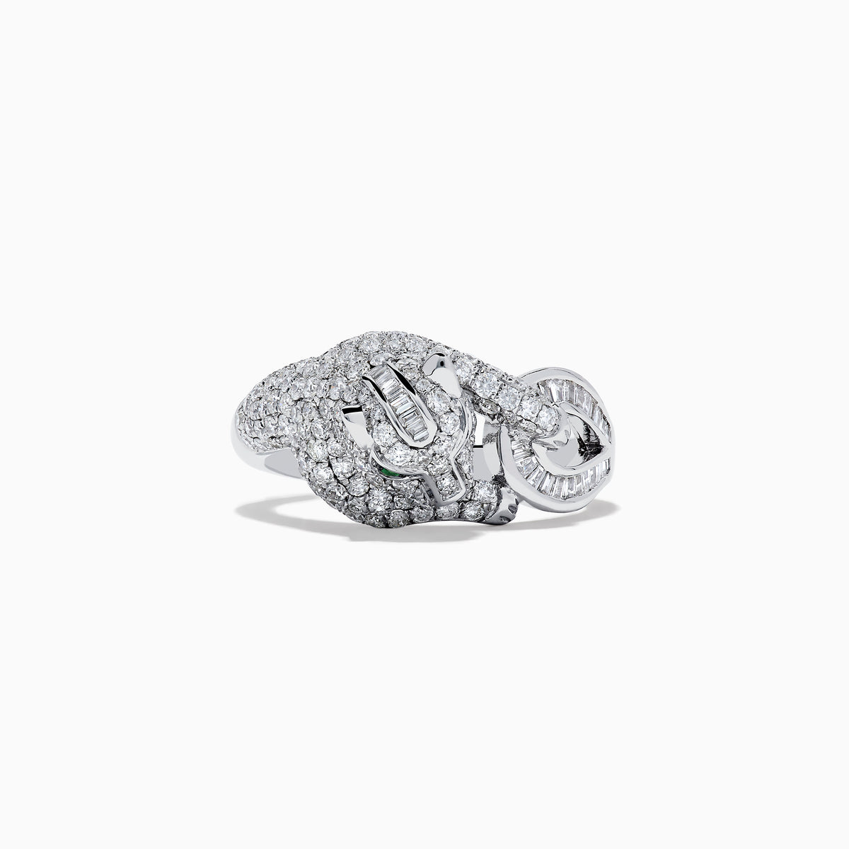The Signature 14K White Gold Emerald and Diamond Panther Ring showcases a sculpted panther with emerald-green eyes, diamond accents, and intricate facial details, set against a plain white background.