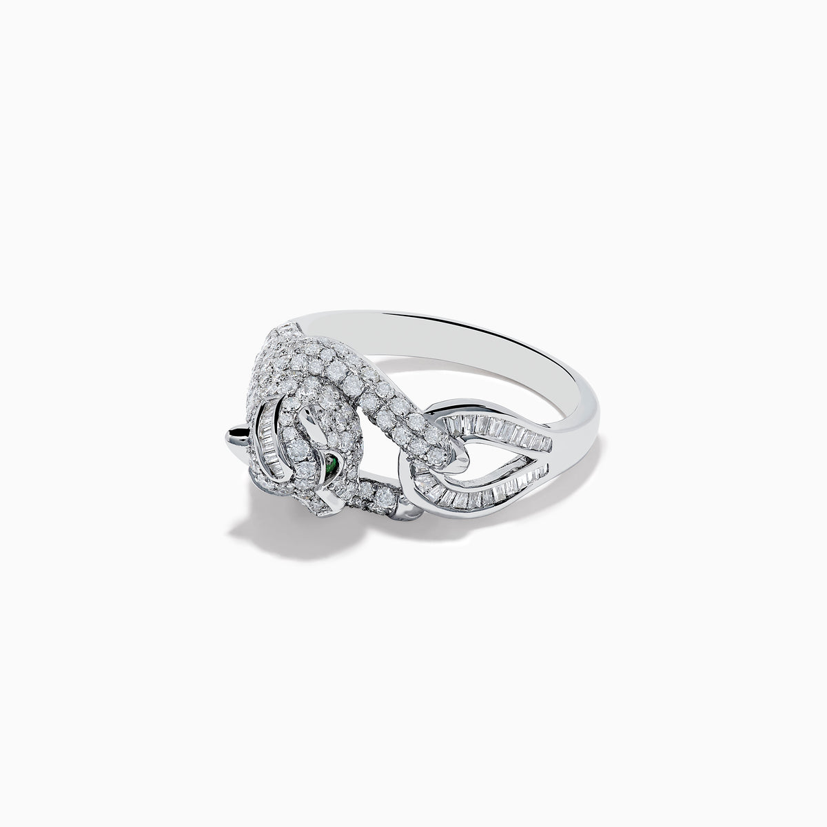 The Signature 14K White Gold Emerald and Diamond Panther Ring showcases a sculpted panther with emerald-green eyes, diamond accents, and intricate facial details, set against a plain white background.