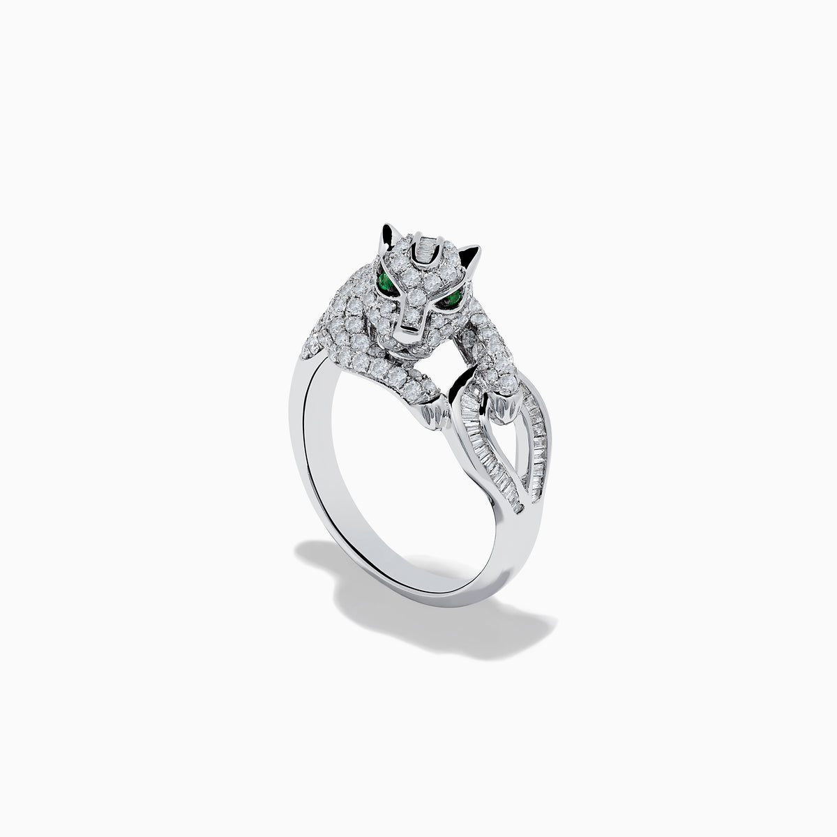 The Signature 14K White Gold Emerald and Diamond Panther Ring showcases a sculpted panther with emerald-green eyes, diamond accents, and intricate facial details, set against a plain white background.