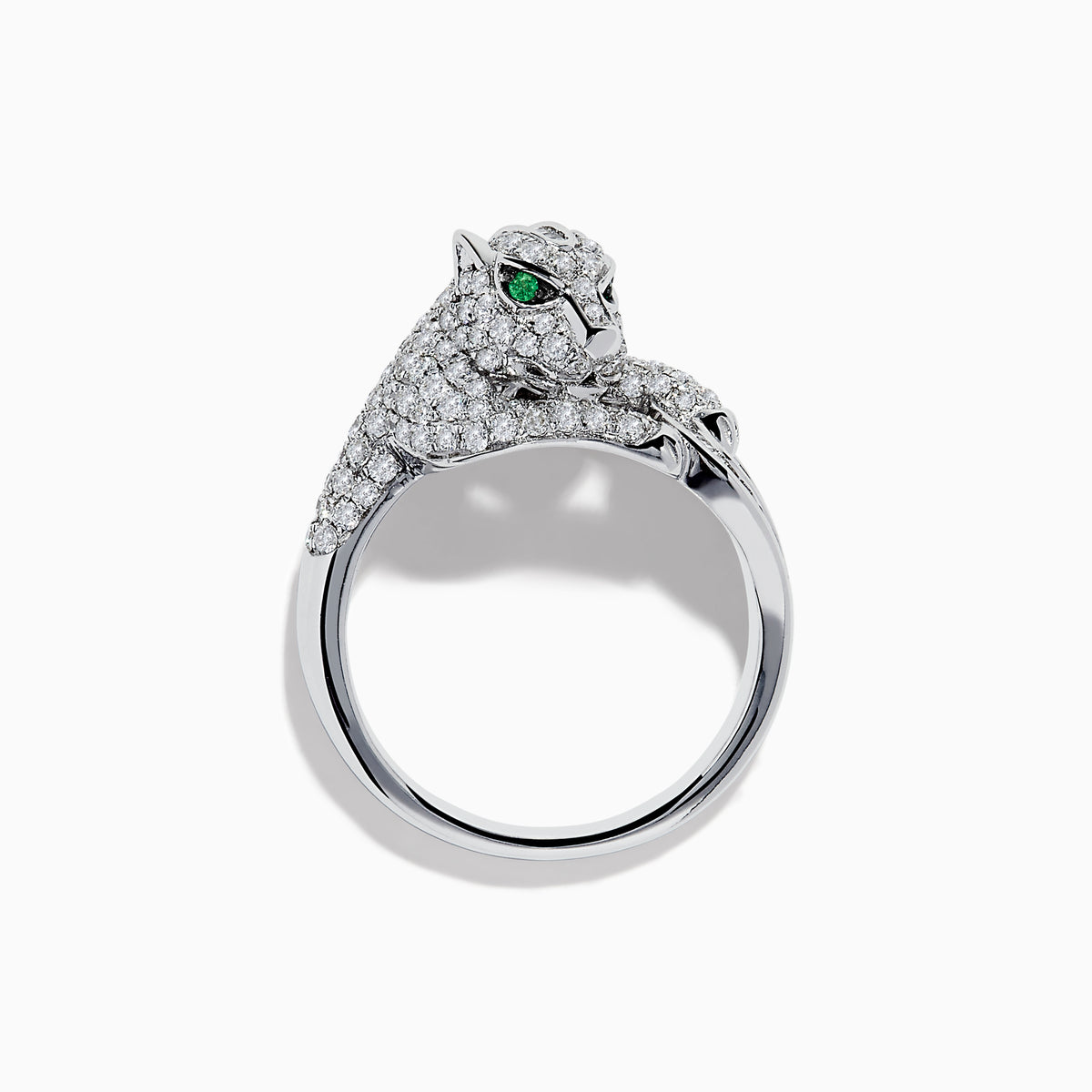 The Signature 14K White Gold Emerald and Diamond Panther Ring showcases a sculpted panther with emerald-green eyes, diamond accents, and intricate facial details, set against a plain white background.