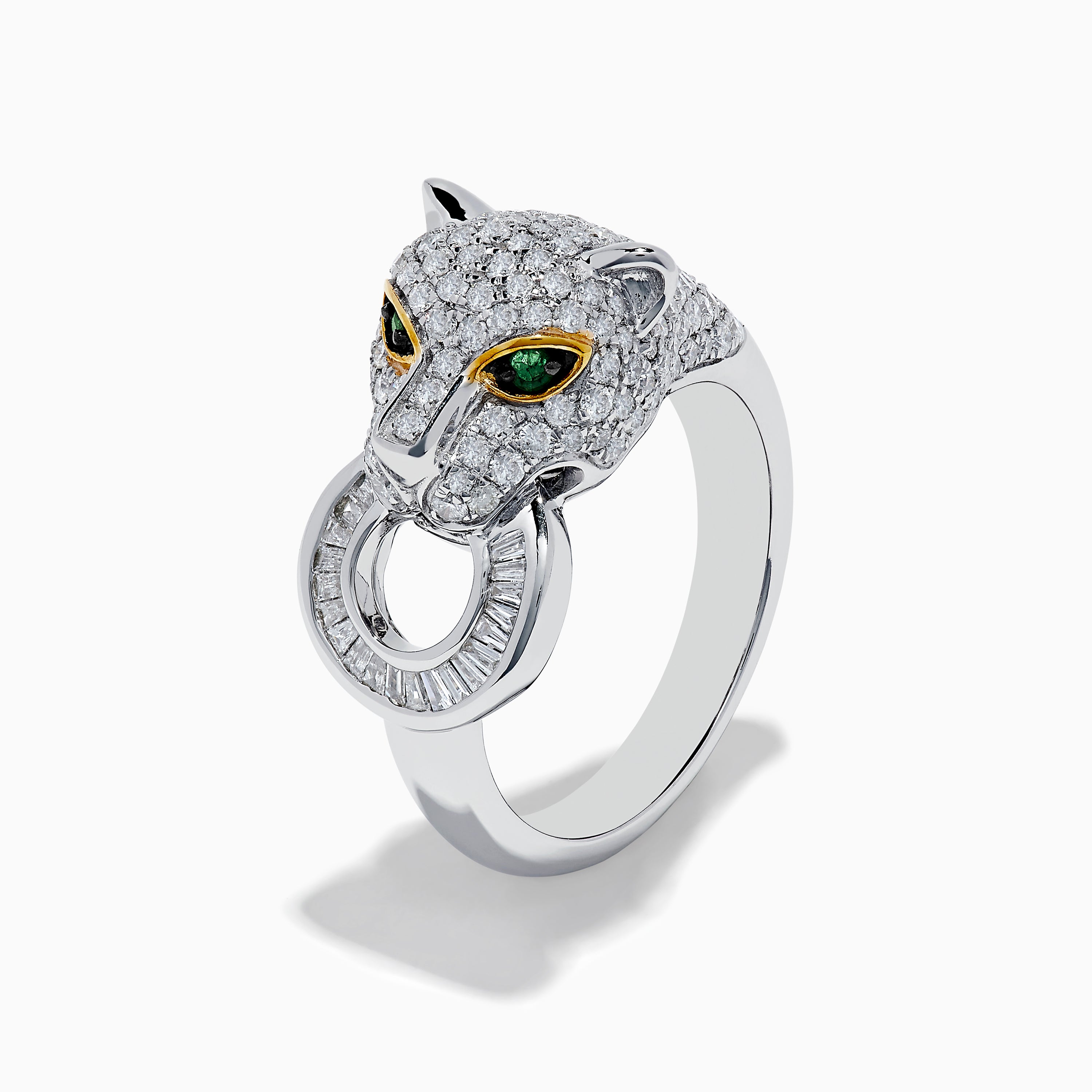 14k Signature White Gold Diamond Emerald Panther Ring