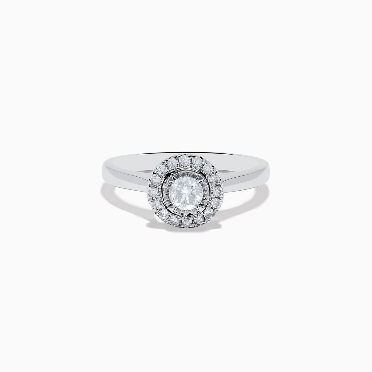 The Pave Classica 14K White Gold Diamond Ring showcases a round center stone surrounded by a double halo of diamonds, set on a polished band and photographed against a white background.