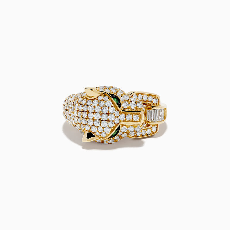 The Signature 14K Yellow Gold Diamond and Emerald Panther Ring showcases a panther’s head with diamond accents, vivid emerald eyes, and a rectangular diamond in its mouth, all set against a plain white background.