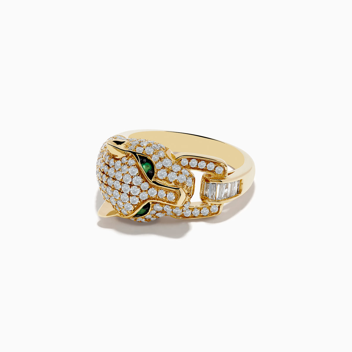 The Signature 14K Yellow Gold Diamond and Emerald Panther Ring showcases a panther’s head with diamond accents, vivid emerald eyes, and a rectangular diamond in its mouth, all set against a plain white background.