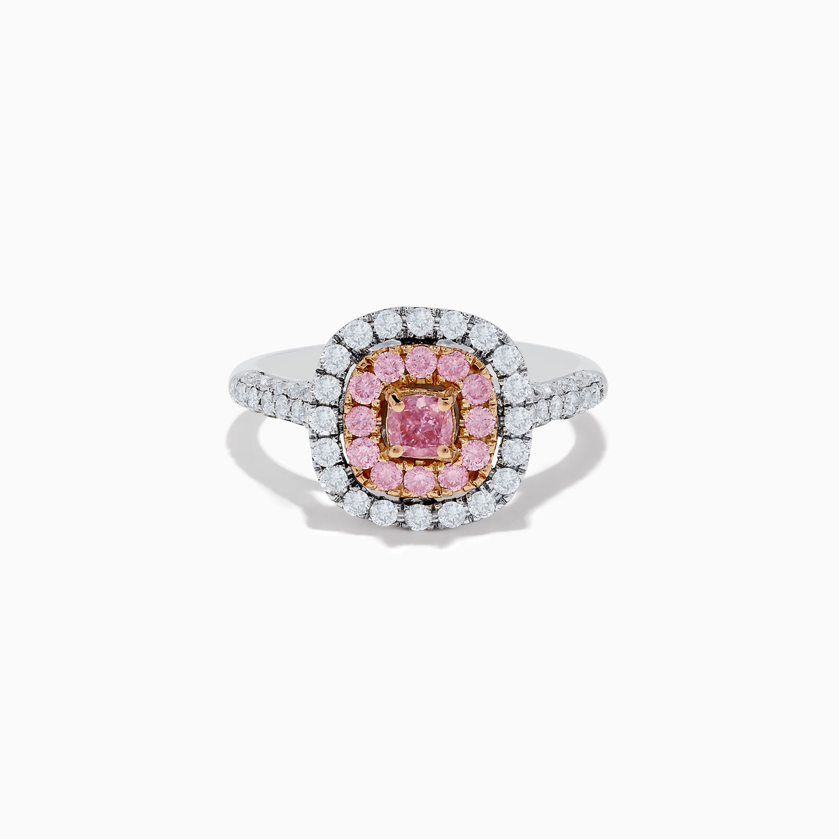The 18K Two Tone Gold White and Pink Diamond Ring showcases a square pink center stone, encircled by a halo of pink diamonds and a second halo of white diamonds, with more diamonds set along its sophisticated band.