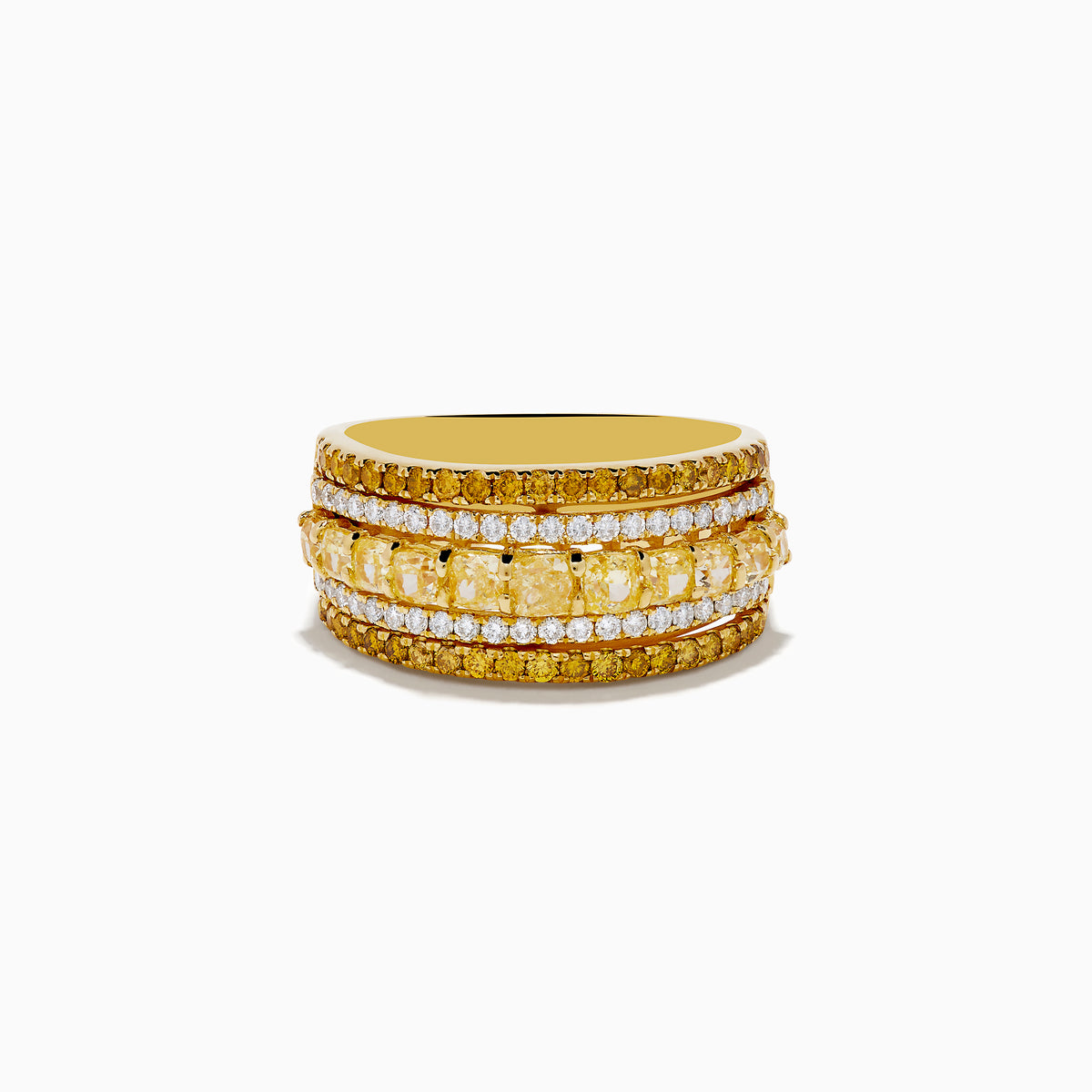 The Canare 18K Yellow Gold Yellow Diamond Band Ring features alternating rows of sparkling yellow and white gemstones set around the band.