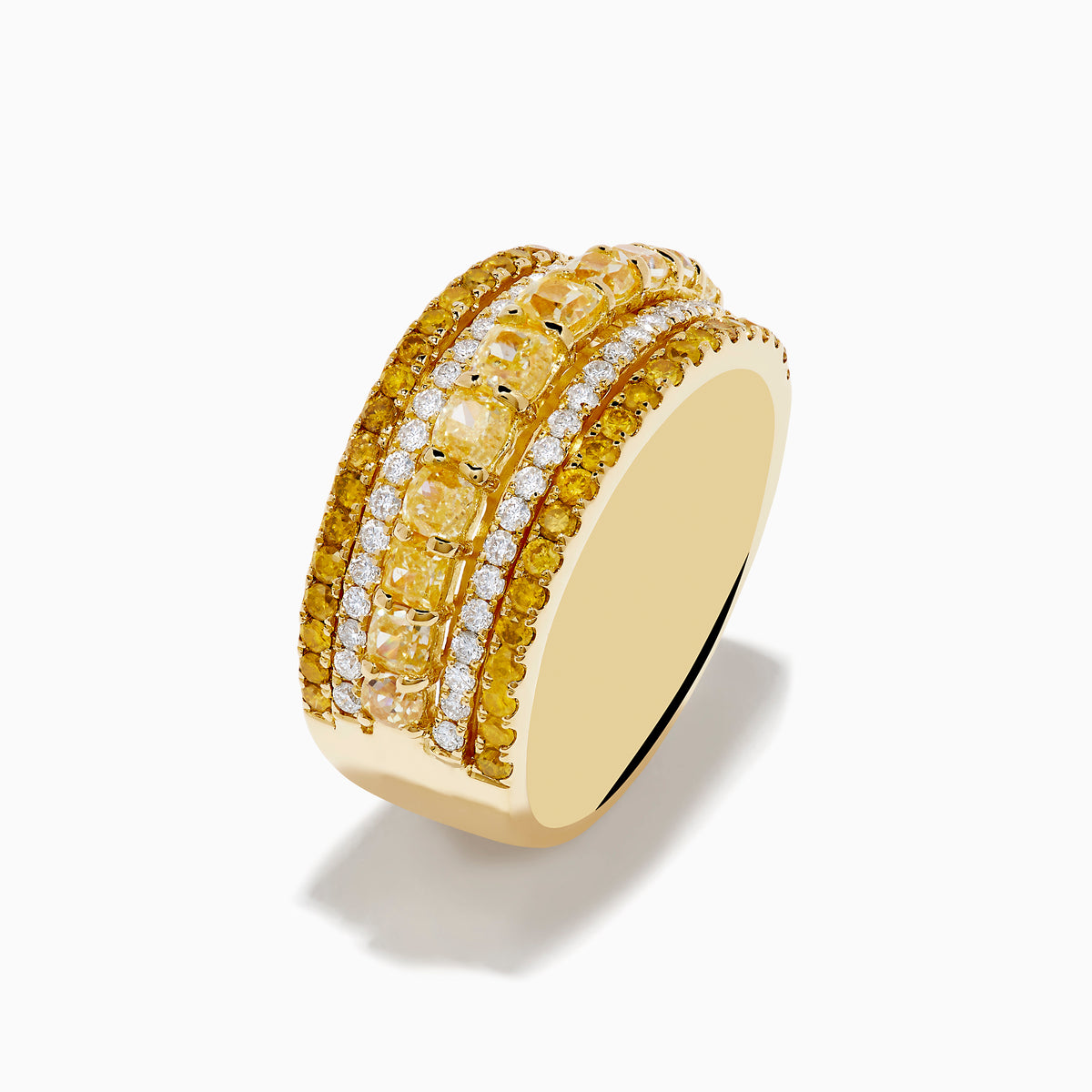 The Canare 18K Yellow Gold Yellow Diamond Band Ring features alternating rows of sparkling yellow and white gemstones set around the band.