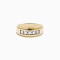 The Mens 14K White and Yellow Gold Diamond Ring features a flat top with five round diamonds set horizontally at the center, blending elegant white and yellow gold, displayed against a plain white background.
