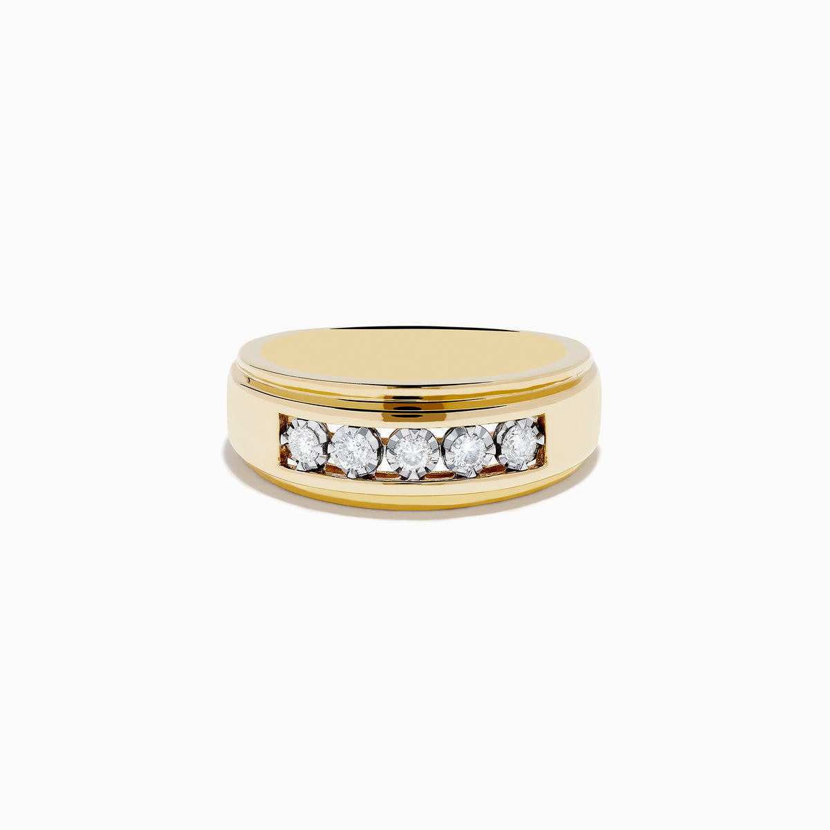 The Mens 14K White and Yellow Gold Diamond Ring features a flat top with five round diamonds set horizontally at the center, blending elegant white and yellow gold, displayed against a plain white background.