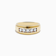 The Mens 14K White and Yellow Gold Diamond Ring features a flat top with five round diamonds set horizontally at the center, blending elegant white and yellow gold, displayed against a plain white background.