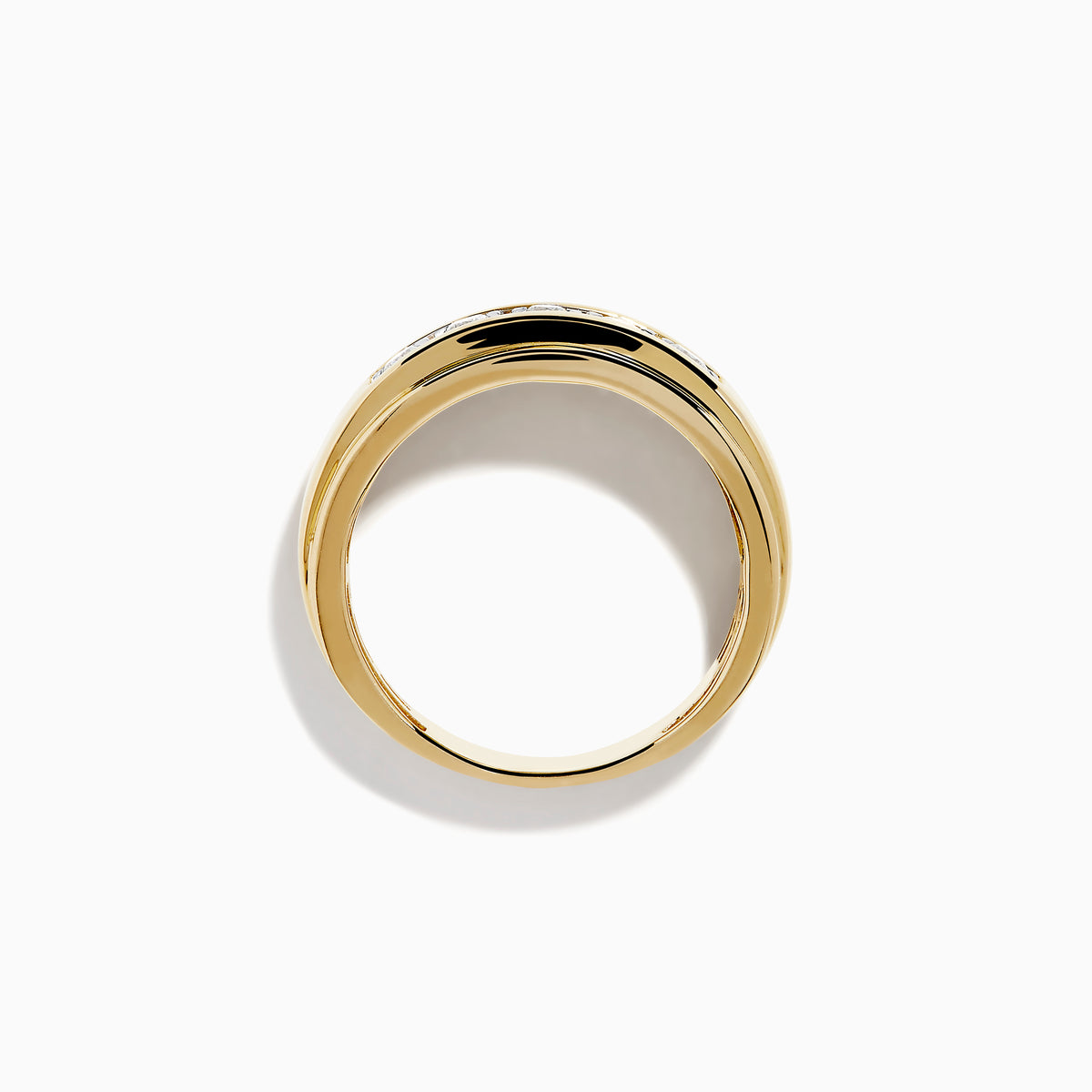 The Mens 14K White and Yellow Gold Diamond Ring features a flat top with five round diamonds set horizontally at the center, blending elegant white and yellow gold, displayed against a plain white background.