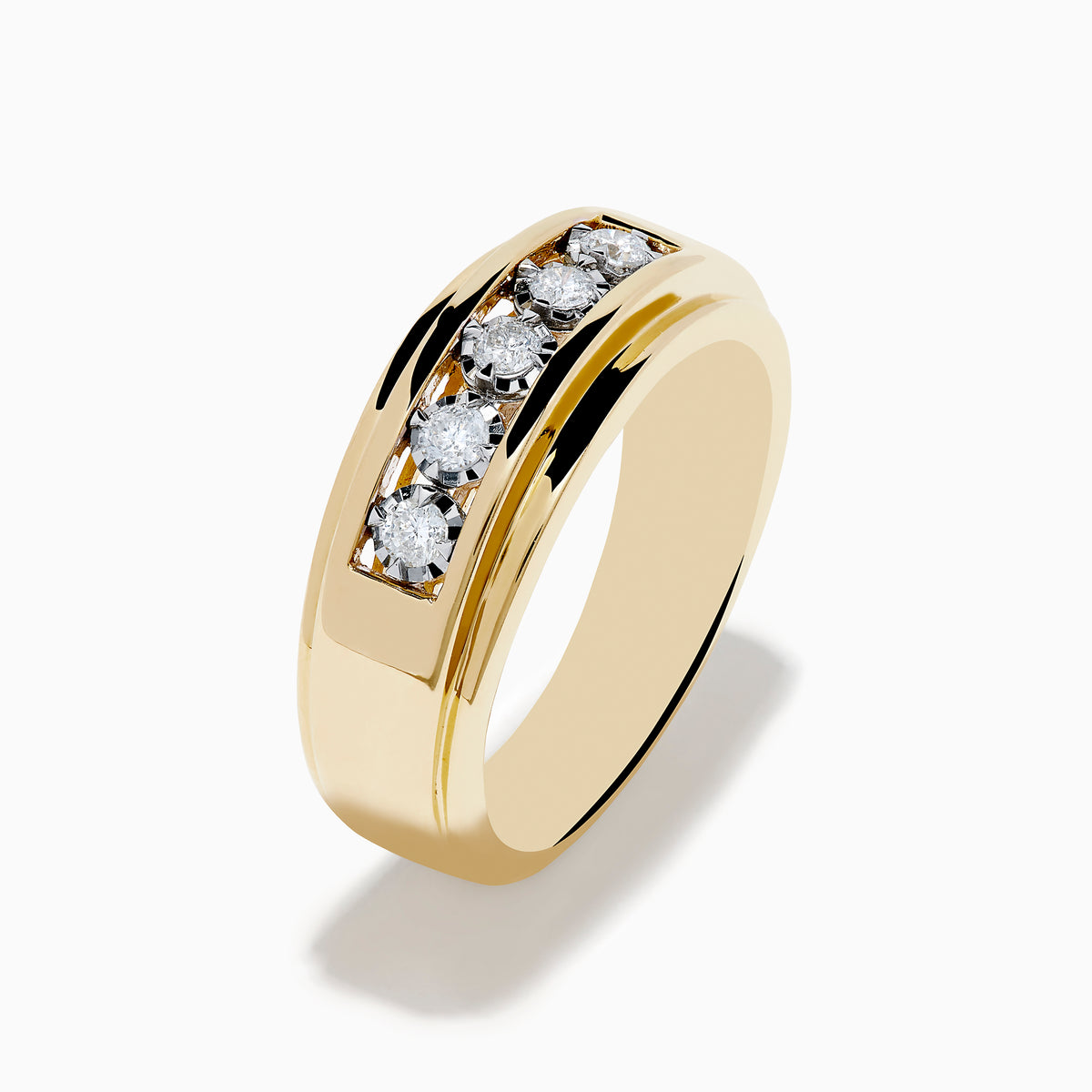 The Mens 14K White and Yellow Gold Diamond Ring features a flat top with five round diamonds set horizontally at the center, blending elegant white and yellow gold, displayed against a plain white background.